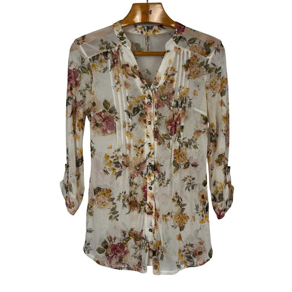 PerSeption Concept Floral Mesh Blouse Womens Medium Sheer Boho Romantic Top